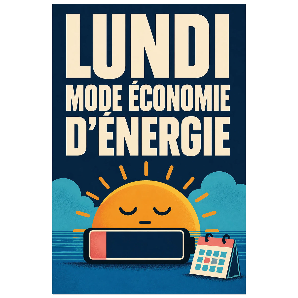 Affiche Lundi mode économie d'énergie, affiche typographique rétro à pictogrammes verticale, format 30 × 45 cm
