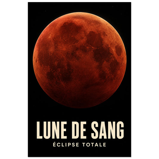 Affiche Lune de sang – Éclipse totale, portrait astronomique réaliste et dramatique verticale, format 30 × 45 cm