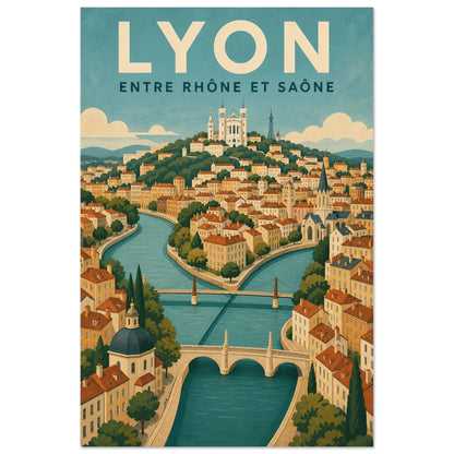 Affiche Lyon – Entre Rhône et Saône, illustration verticale gouache géométrique, format 30 × 45 cm