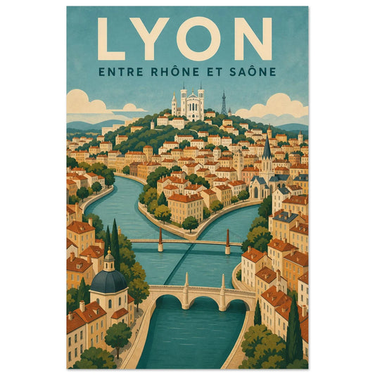 Affiche Lyon – Entre Rhône et Saône, illustration verticale gouache géométrique, format 30 × 45 cm