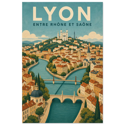 Affiche Lyon – Entre Rhône et Saône, illustration verticale gouache géométrique, format 60 × 90 cm