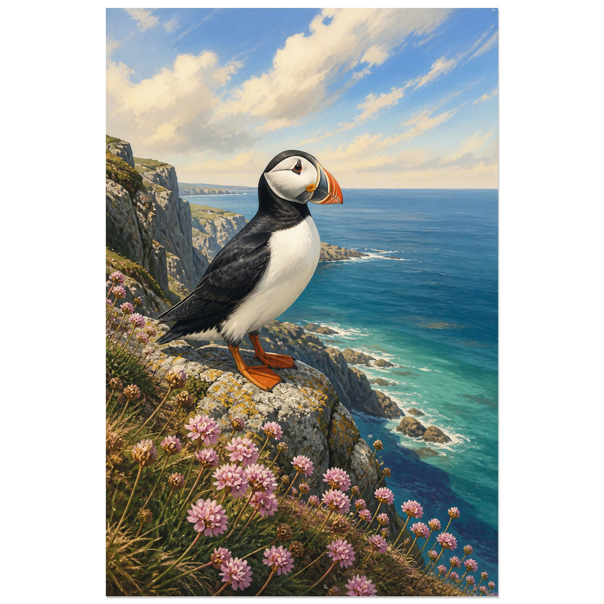 Affiche Macareux sur une falaise de Bretagne, illustration naturaliste lumineuse inspirée des affiches de voyage verticale, format 30 × 45 cm