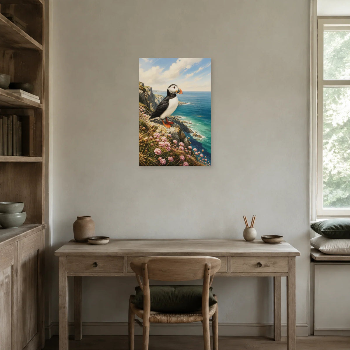 Affiche Macareux sur une falaise de Bretagne dans un bureau - Art Virtuoso