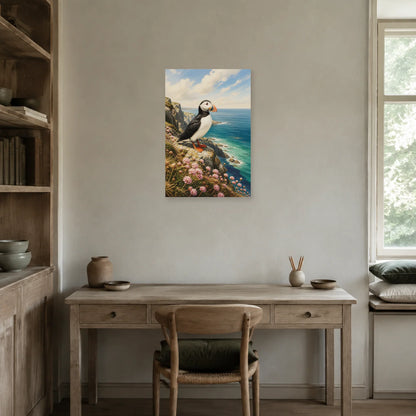 Affiche Macareux sur une falaise de Bretagne dans un bureau - Art Virtuoso