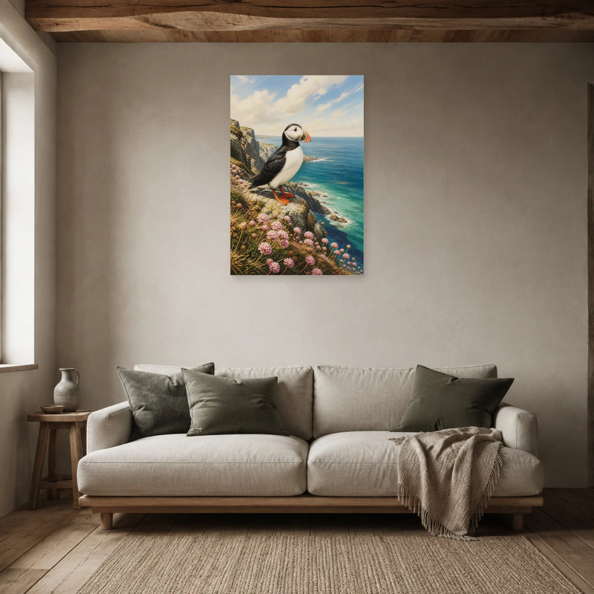 Affiche Macareux sur une falaise de Bretagne dans un salon - Art Virtuoso
