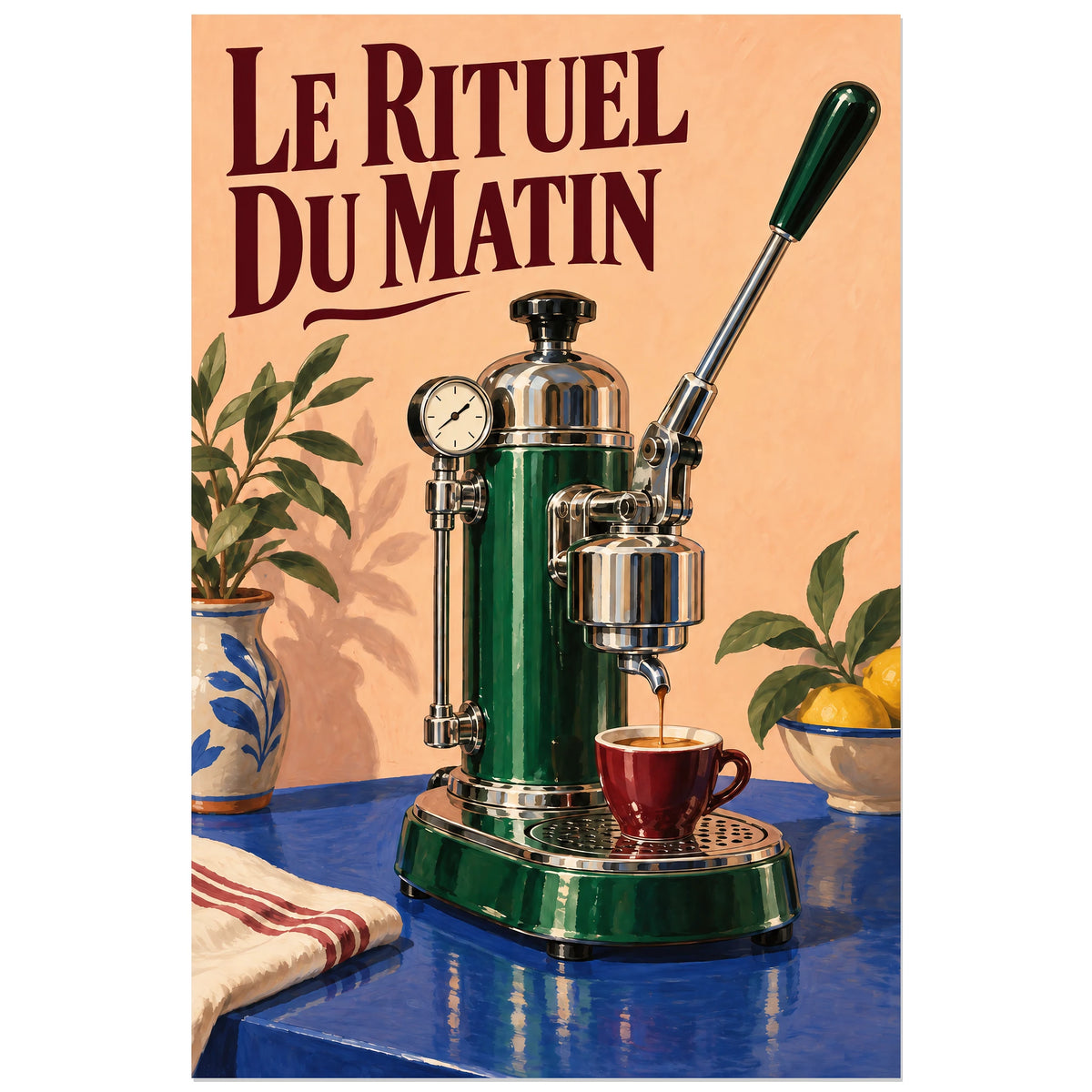 Machine à café à levier verte versant dans une tasse bordeaux, affiche 30 × 45 cm