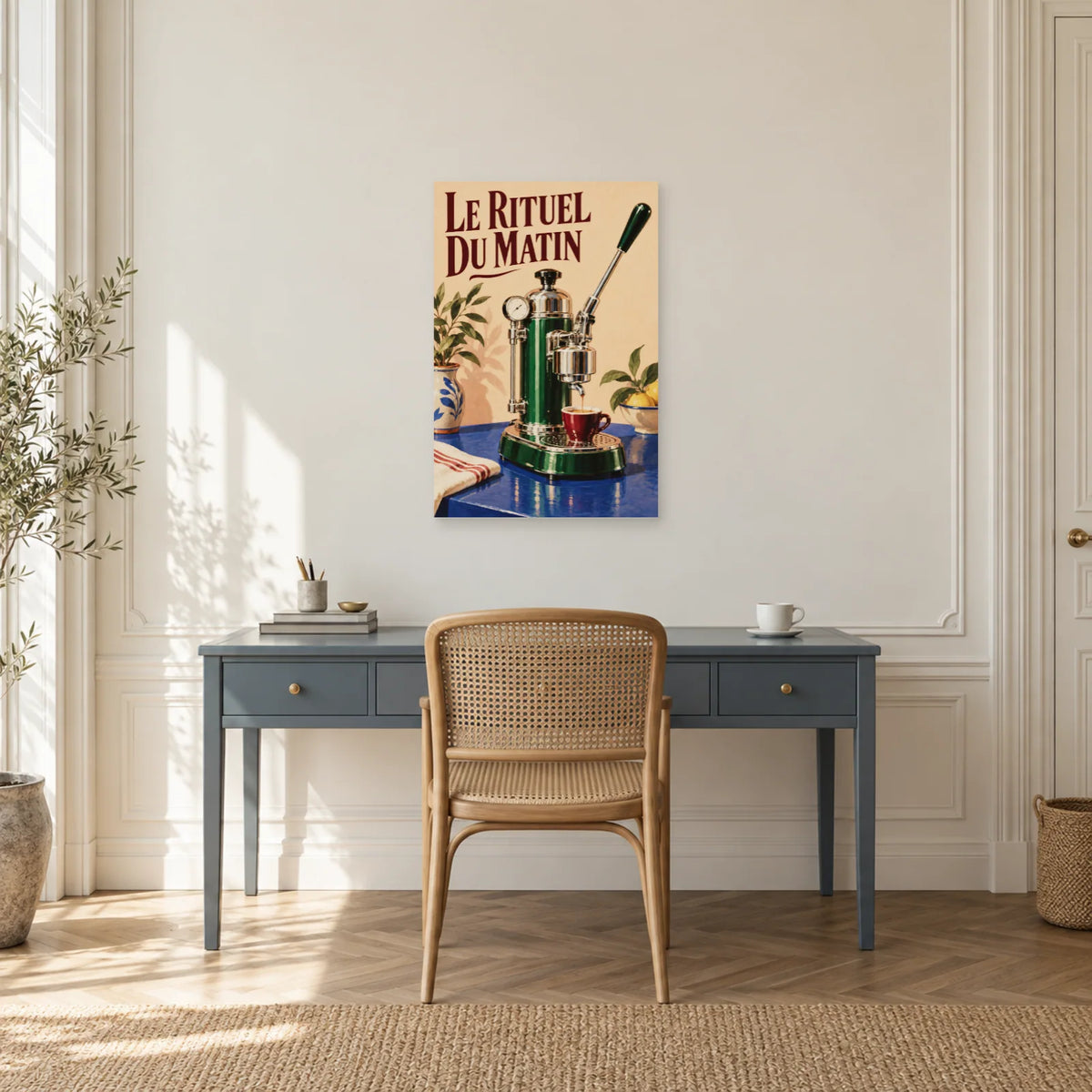 Affiche Machine à café à levier - Le rituel du matin dans un bureau - Art Virtuoso