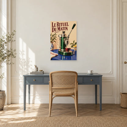 Affiche Machine à café à levier - Le rituel du matin dans un bureau - Art Virtuoso