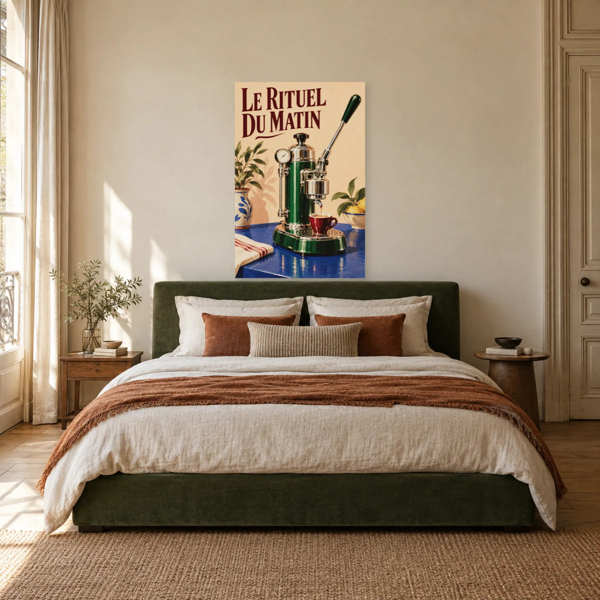 Affiche Machine à café à levier - Le rituel du matin dans une chambre - Art Virtuoso