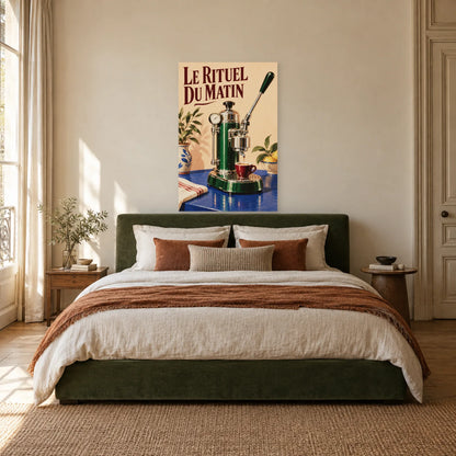 Affiche Machine à café à levier - Le rituel du matin dans une chambre - Art Virtuoso