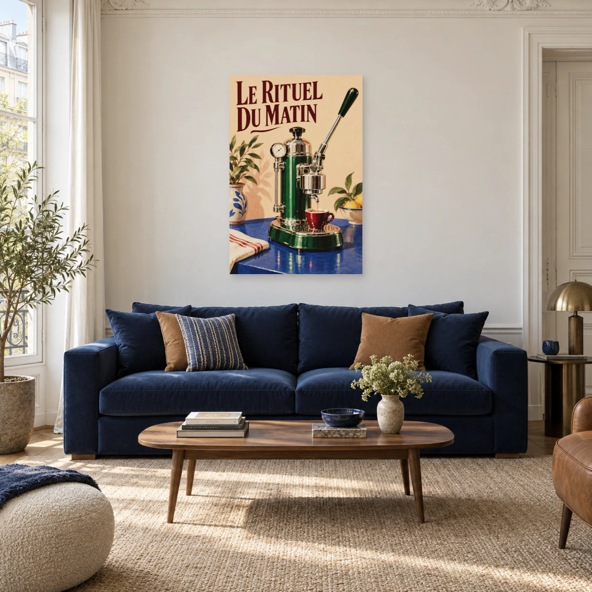 Affiche Machine à café à levier - Le rituel du matin dans un salon - Art Virtuoso