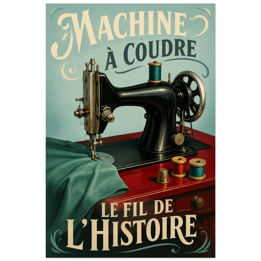 Affiche Machine à coudre, le fil de l'histoire, affiche rétro illustrée, nature morte peinte verticale, format 30 × 45 cm
