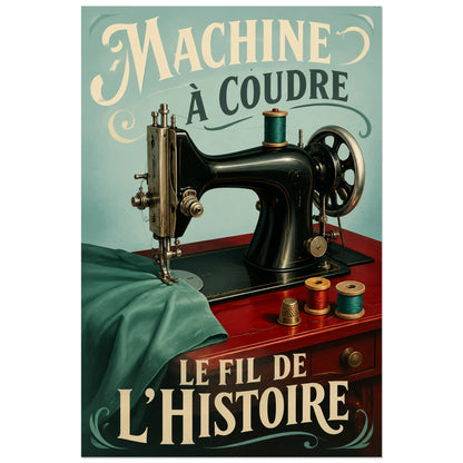 Affiche Machine à coudre, le fil de l'histoire, affiche rétro illustrée, nature morte peinte verticale, format 60 × 90 cm