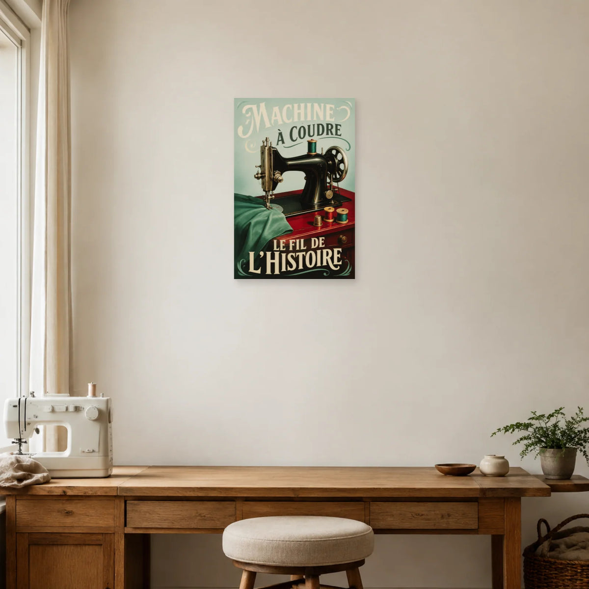 Affiche Machine à coudre, le fil de l'histoire dans un bureau - Art Virtuoso
