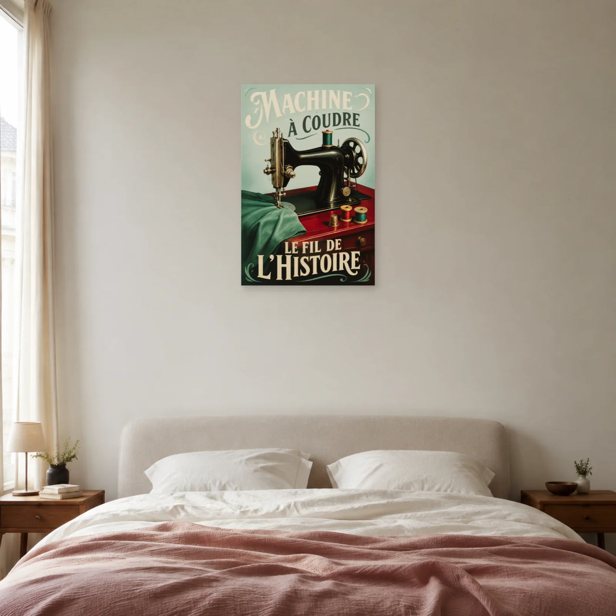 Affiche Machine à coudre, le fil de l'histoire dans une chambre - Art Virtuoso