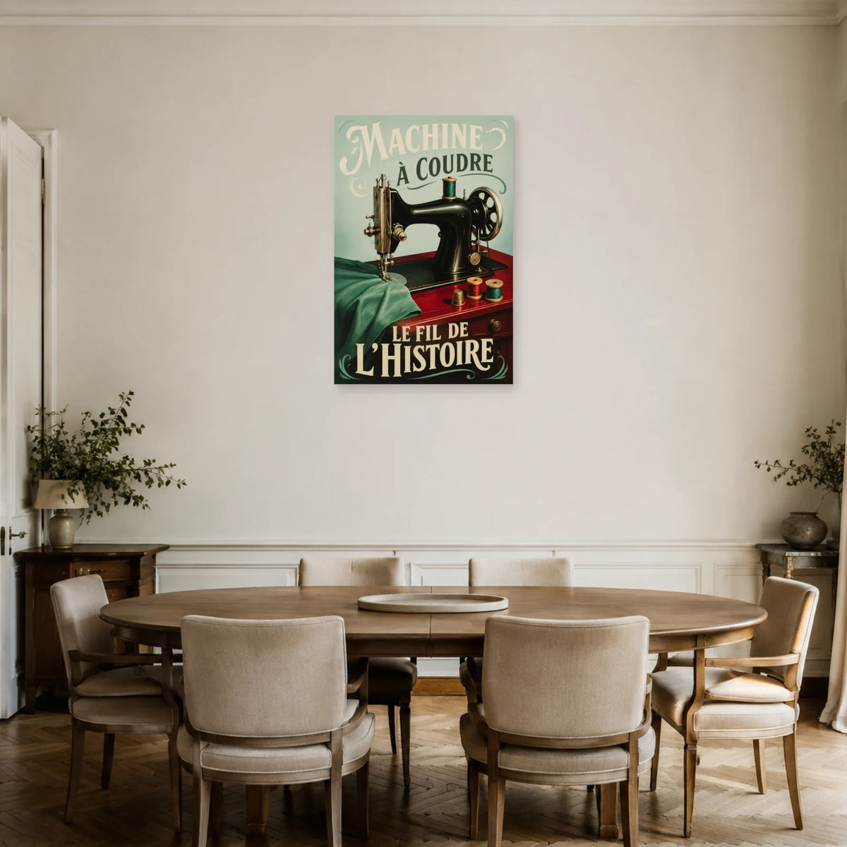 Affiche Machine à coudre, le fil de l'histoire dans une salle à manger - Art Virtuoso