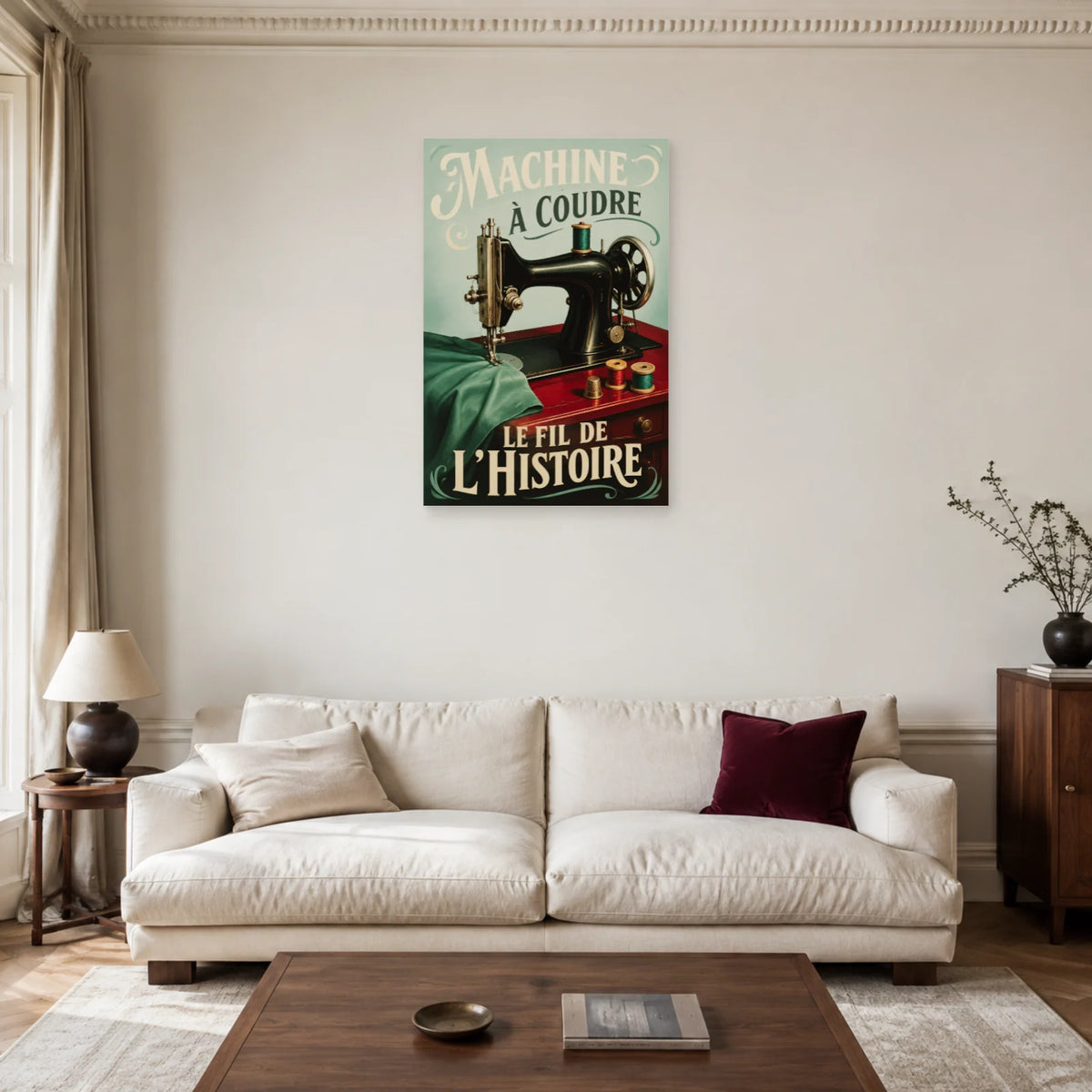 Affiche Machine à coudre, le fil de l'histoire dans un salon - Art Virtuoso