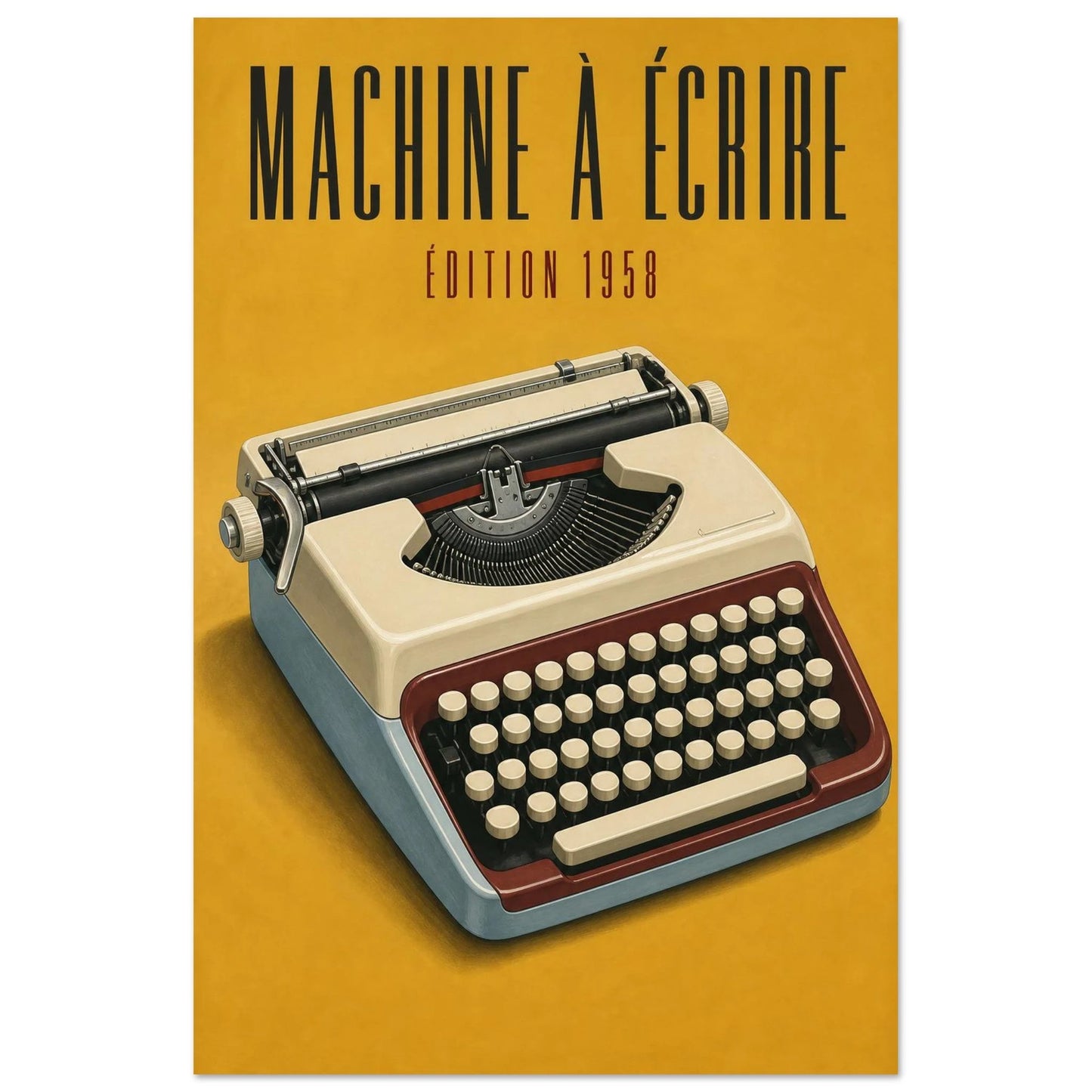 Affiche Machine à Écrire – Édition 1958, gouache contemporaine verticale, format 60 × 90 cm