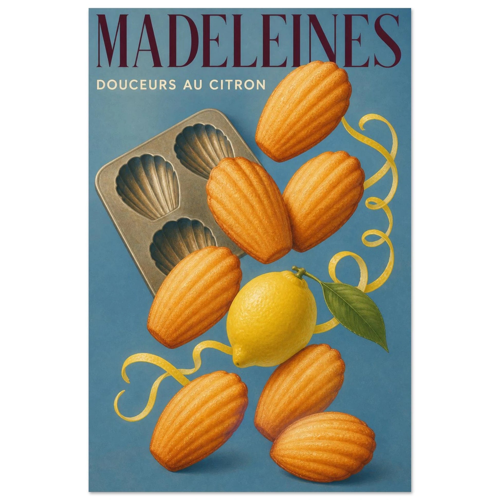Affiche Madeleines – Douceurs au Citron, illustration éditoriale verticale, format 30 × 45 cm