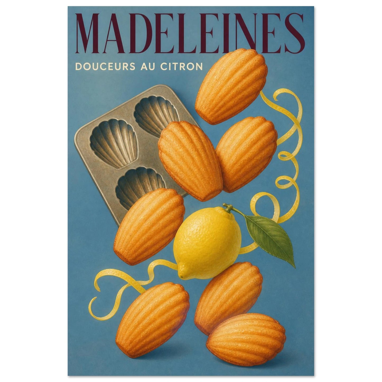Affiche Madeleines – Douceurs au Citron, illustration éditoriale verticale, format 60 × 90 cm