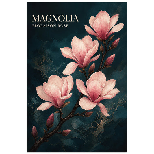 Affiche Magnolia – Floraison Rose, encre et gouache florale verticale, format 30 × 45 cm