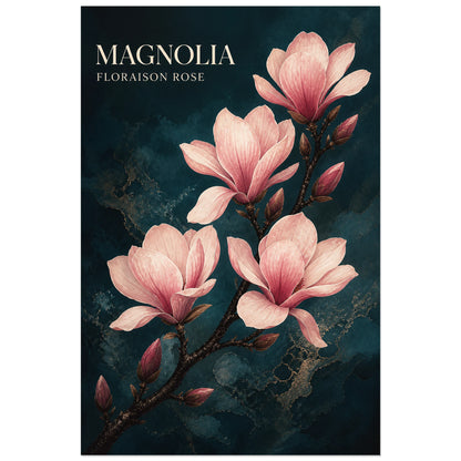 Affiche Magnolia – Floraison Rose, encre et gouache florale verticale, format 60 × 90 cm