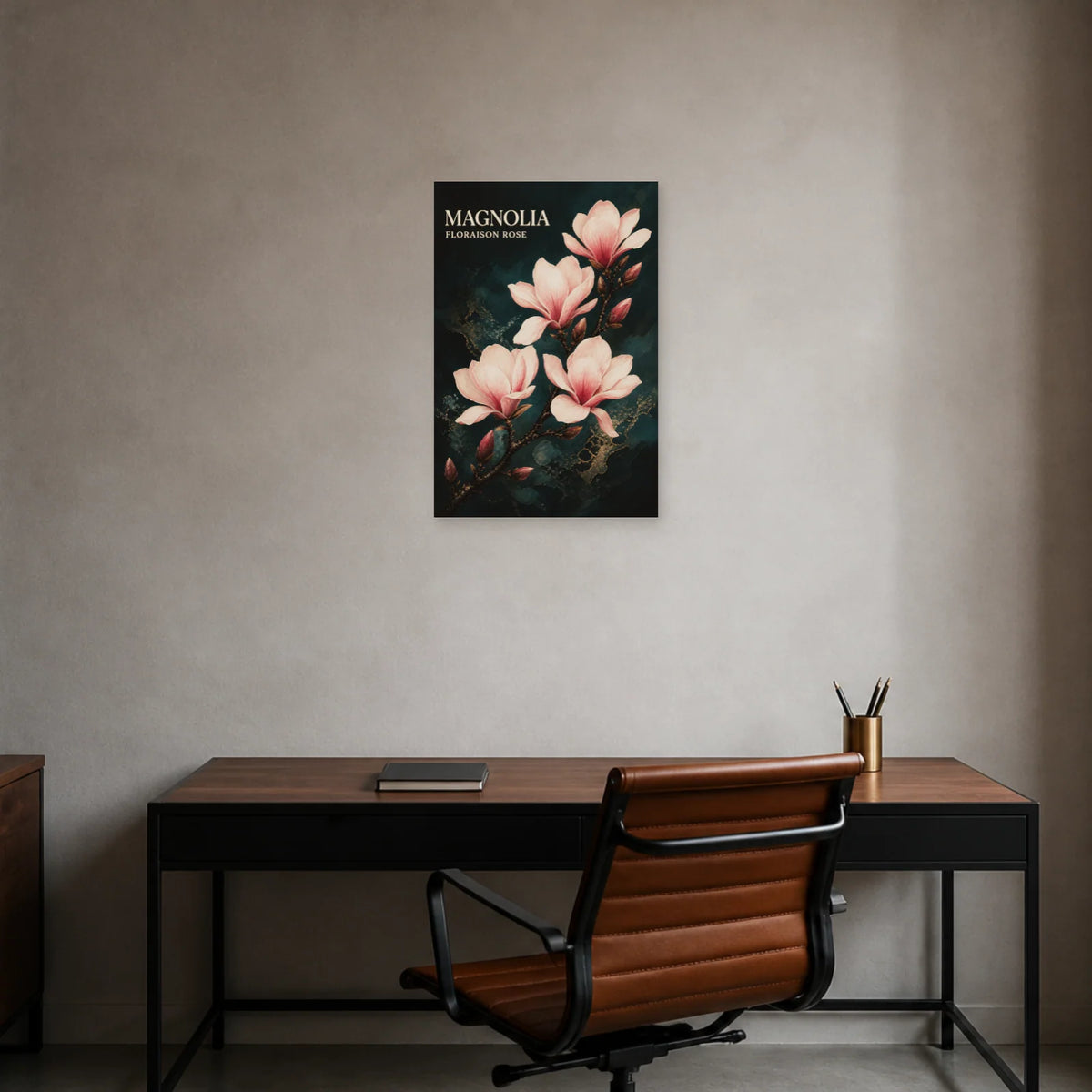 Affiche Magnolia – Floraison Rose dans un bureau - Art Virtuoso