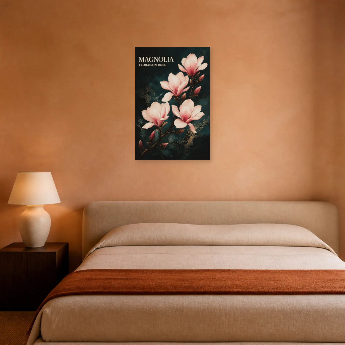 Affiche Magnolia – Floraison Rose dans une chambre - Art Virtuoso