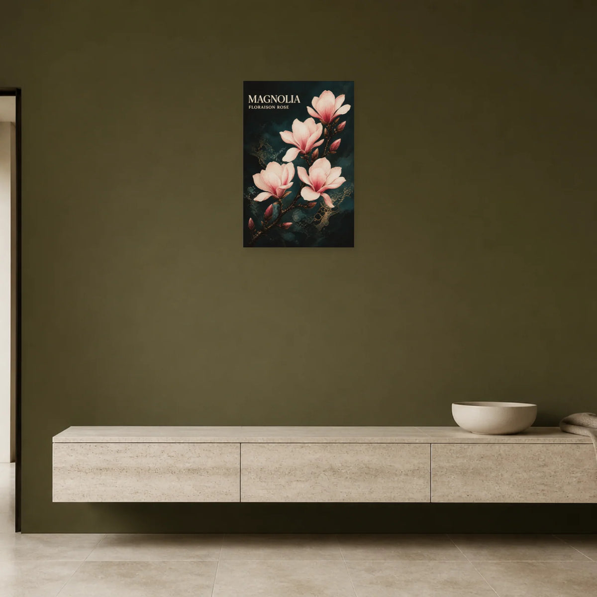 Affiche Magnolia – Floraison Rose dans une entrée ou un couloir - Art Virtuoso