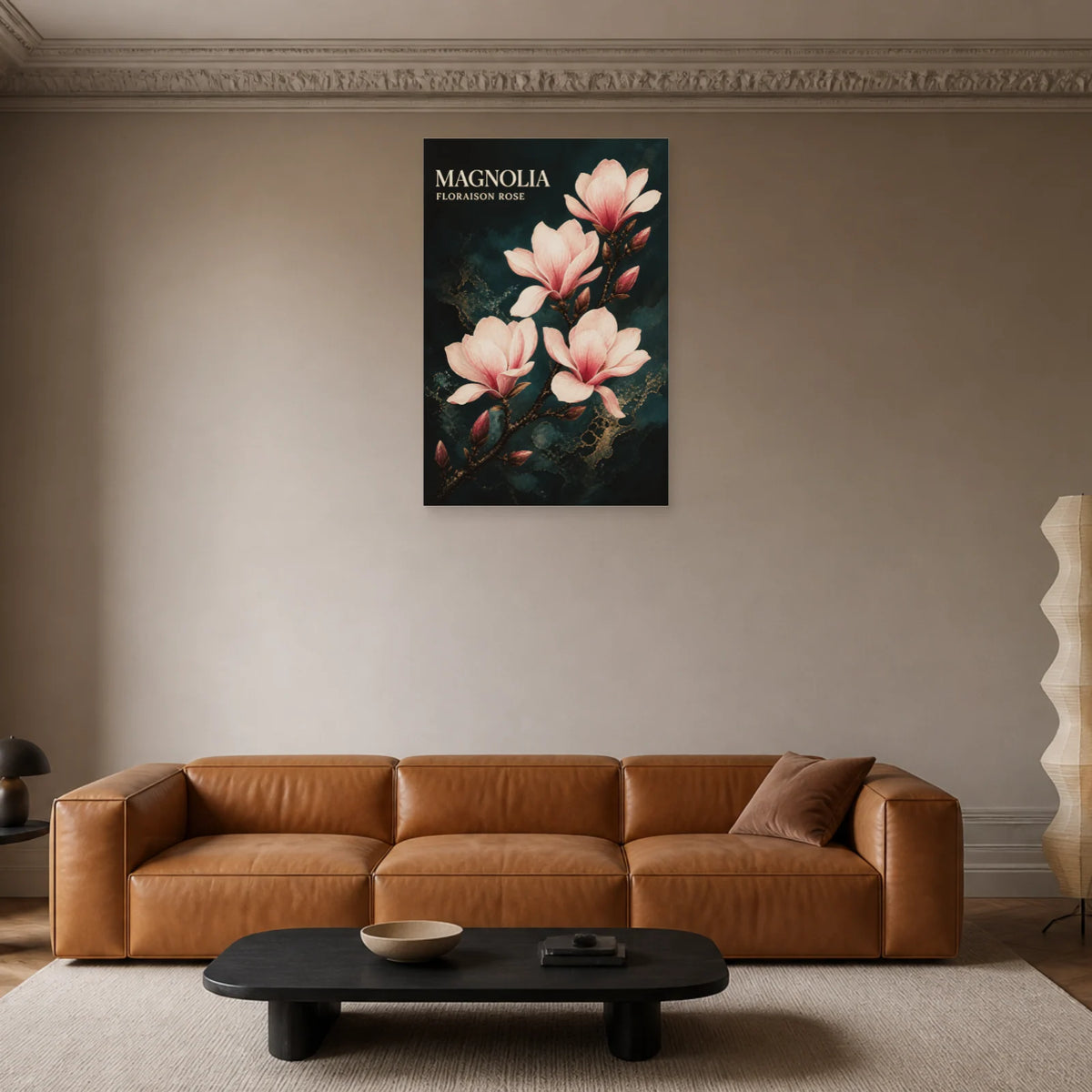 Affiche Magnolia – Floraison Rose dans un salon - Art Virtuoso