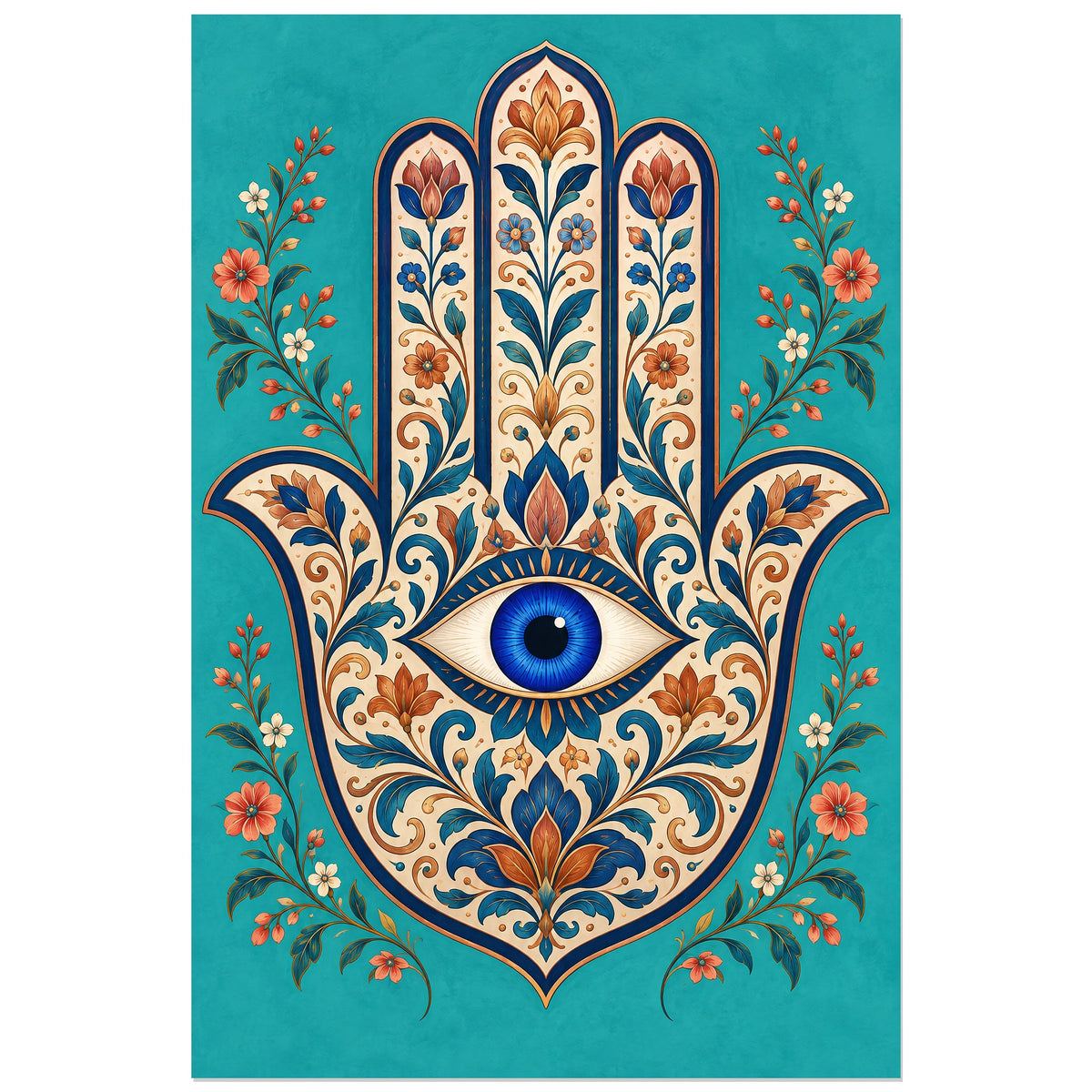 Main de Fatma fleurie et œil bleu, affiche 30 × 45 cm
