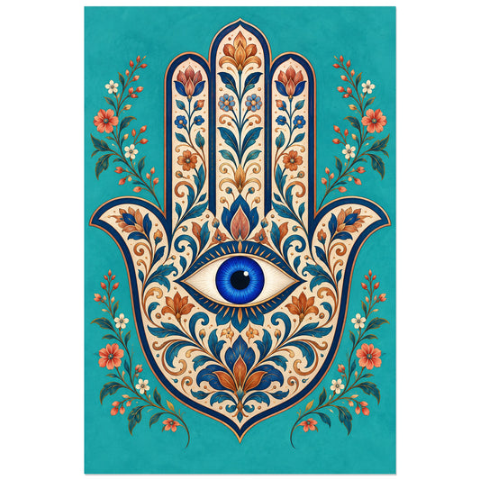 Main de Fatma fleurie et œil bleu, affiche 30 × 45 cm