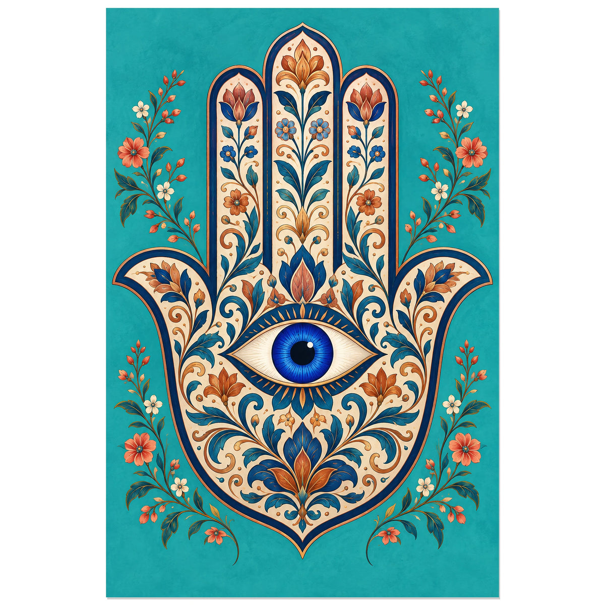Rinceaux cobalt et corail sur fond turquoise, affiche 40 × 60 cm