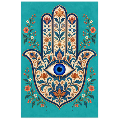 Rinceaux cobalt et corail sur fond turquoise, affiche 40 × 60 cm