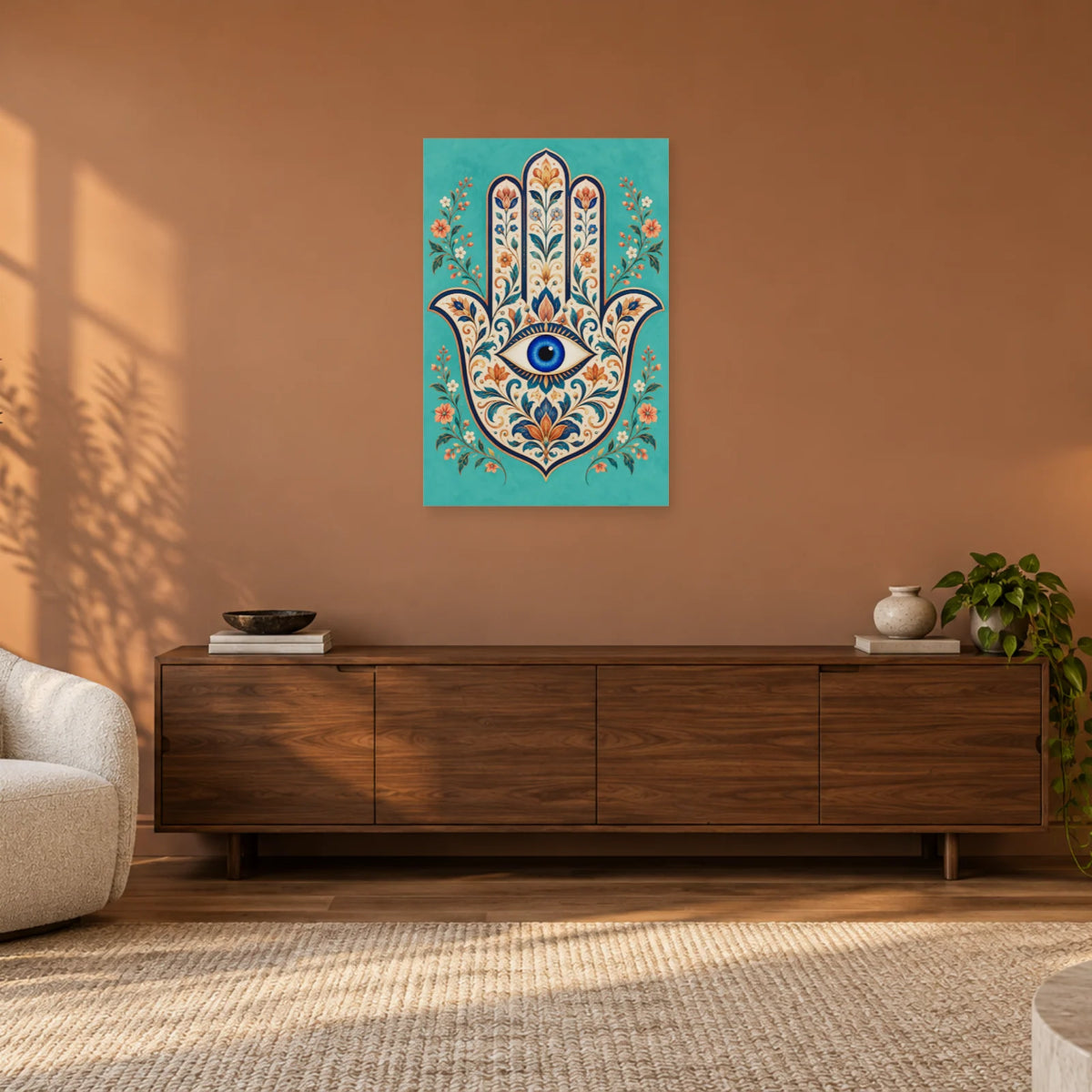 Affiche Main de Fatma - Jardin bleu dans un salon - Art Virtuoso
