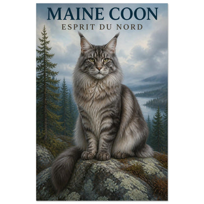 Affiche Maine Coon – Esprit du Nord, illustration éditoriale verticale, format 30 × 45 cm