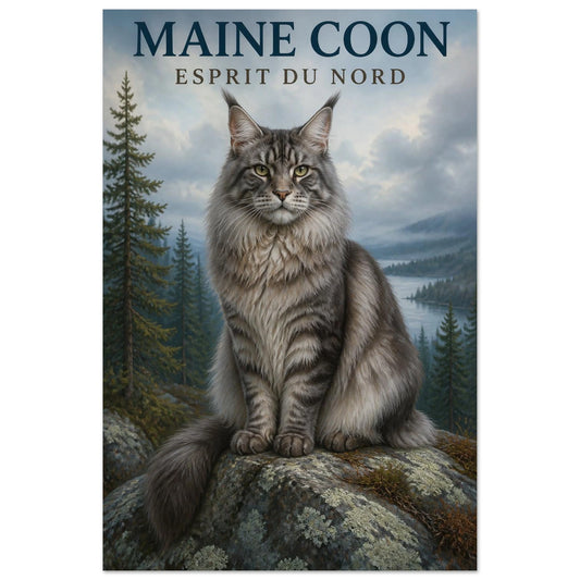 Affiche Maine Coon – Esprit du Nord, illustration éditoriale verticale, format 30 × 45 cm
