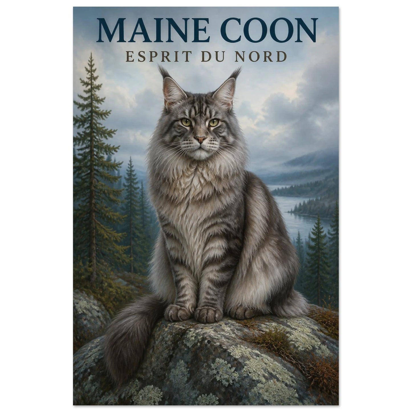 Affiche Maine Coon – Esprit du Nord, illustration éditoriale verticale, format 60 × 90 cm