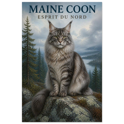 Affiche Maine Coon – Esprit du Nord, illustration éditoriale verticale, format 60 × 90 cm