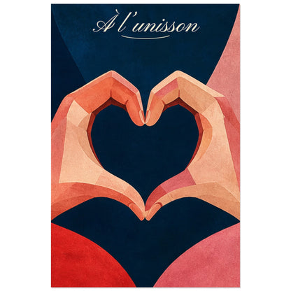 Affiche À l’unisson - Mains formant un cœur, affiche graphique en papier découpé aux formes monumentales verticale, format 40 × 60 cm
