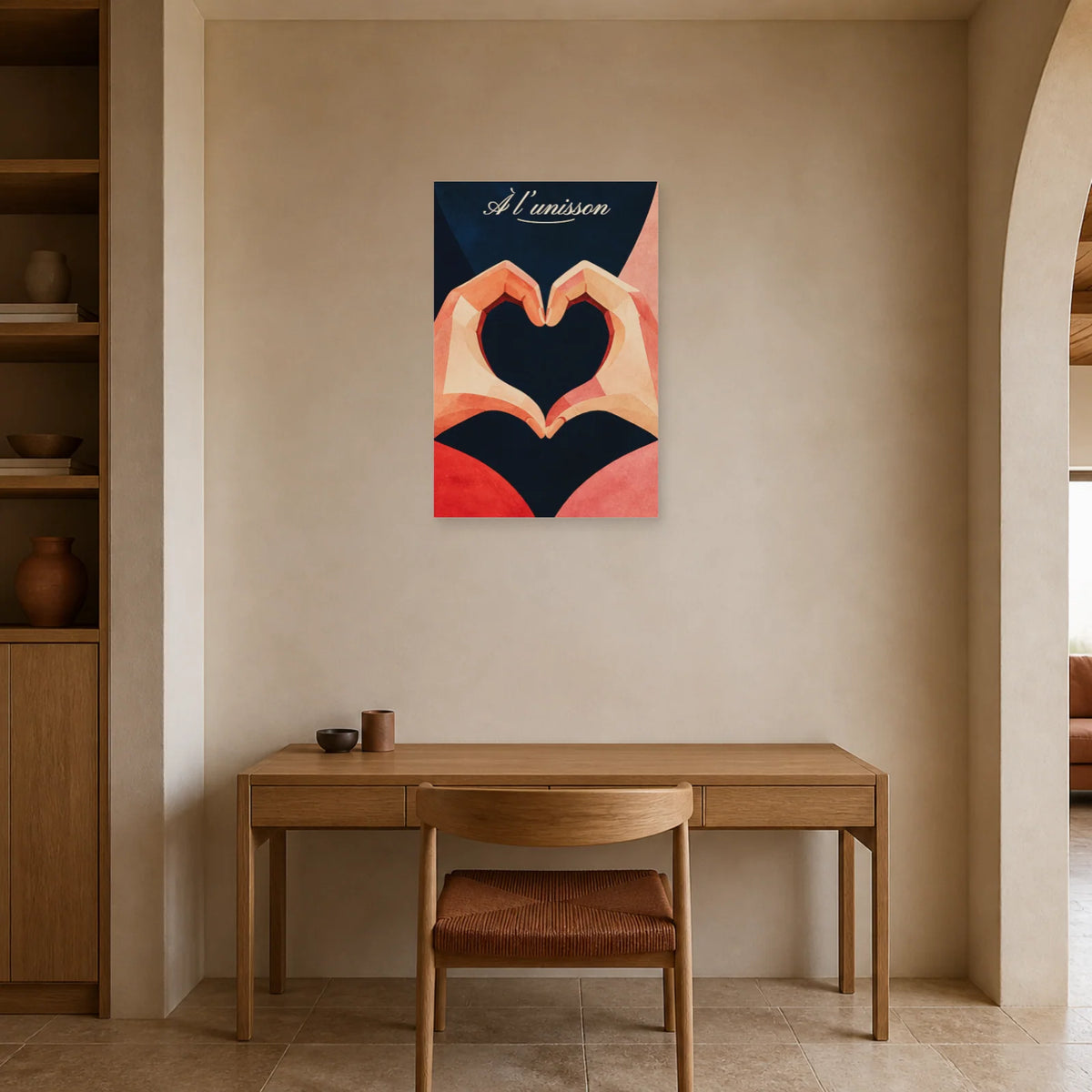Affiche À l’unisson - Mains formant un cœur dans un bureau - Art Virtuoso