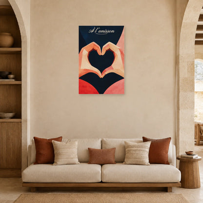 Affiche À l’unisson - Mains formant un cœur dans un salon - Art Virtuoso
