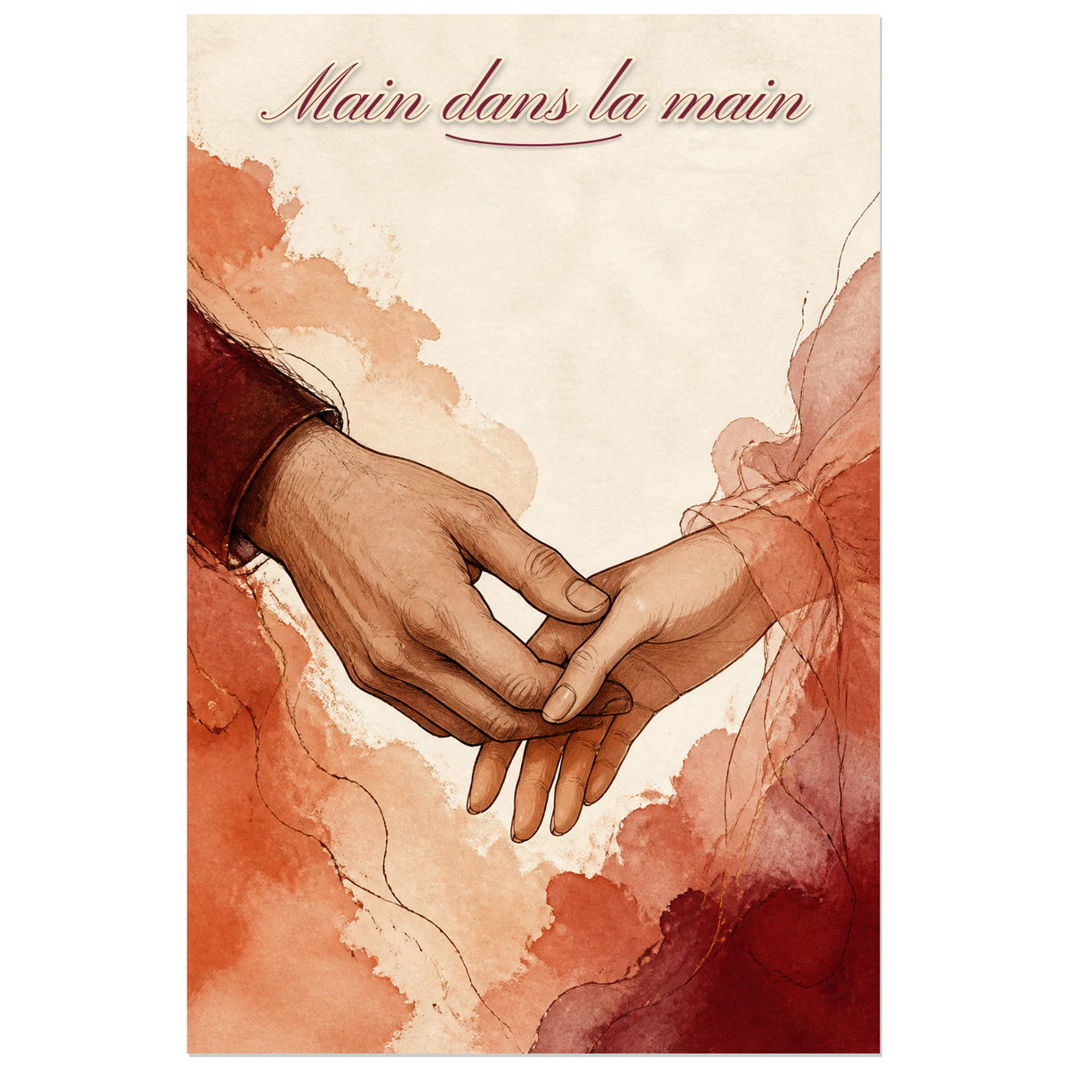 Affiche Main dans la main - Gestes amoureux, dessin à l’encre et aquarelle éditoriale sur papier texturé verticale, format 30 × 45 cm