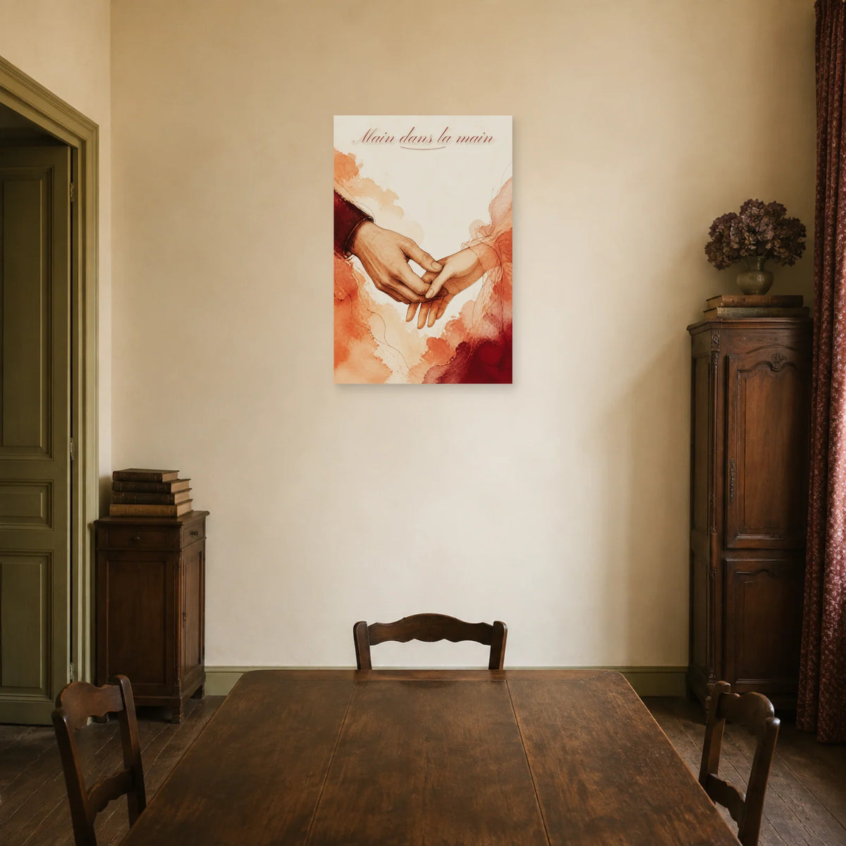 Affiche Main dans la main - Gestes amoureux dans une salle à manger - Art Virtuoso