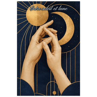 Affiche Entre soleil et lune - Mains enlacées, illustration symbolique aux lignes géométriques art déco verticale, format 30 × 45 cm