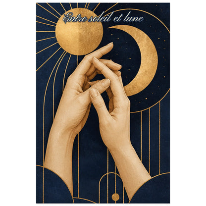 Affiche Entre soleil et lune - Mains enlacées, illustration symbolique aux lignes géométriques art déco verticale, format 60 × 90 cm