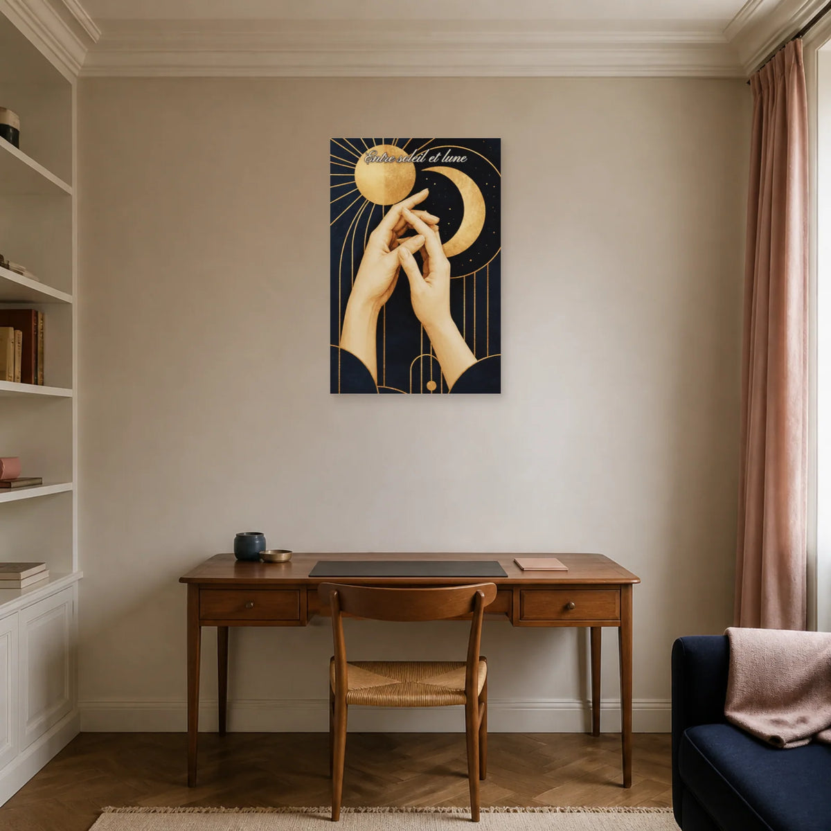 Affiche Entre soleil et lune - Mains enlacées dans un bureau - Art Virtuoso