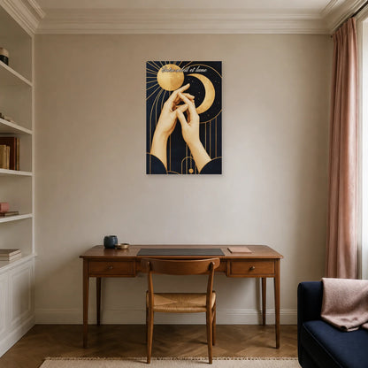 Affiche Entre soleil et lune - Mains enlacées dans un bureau - Art Virtuoso