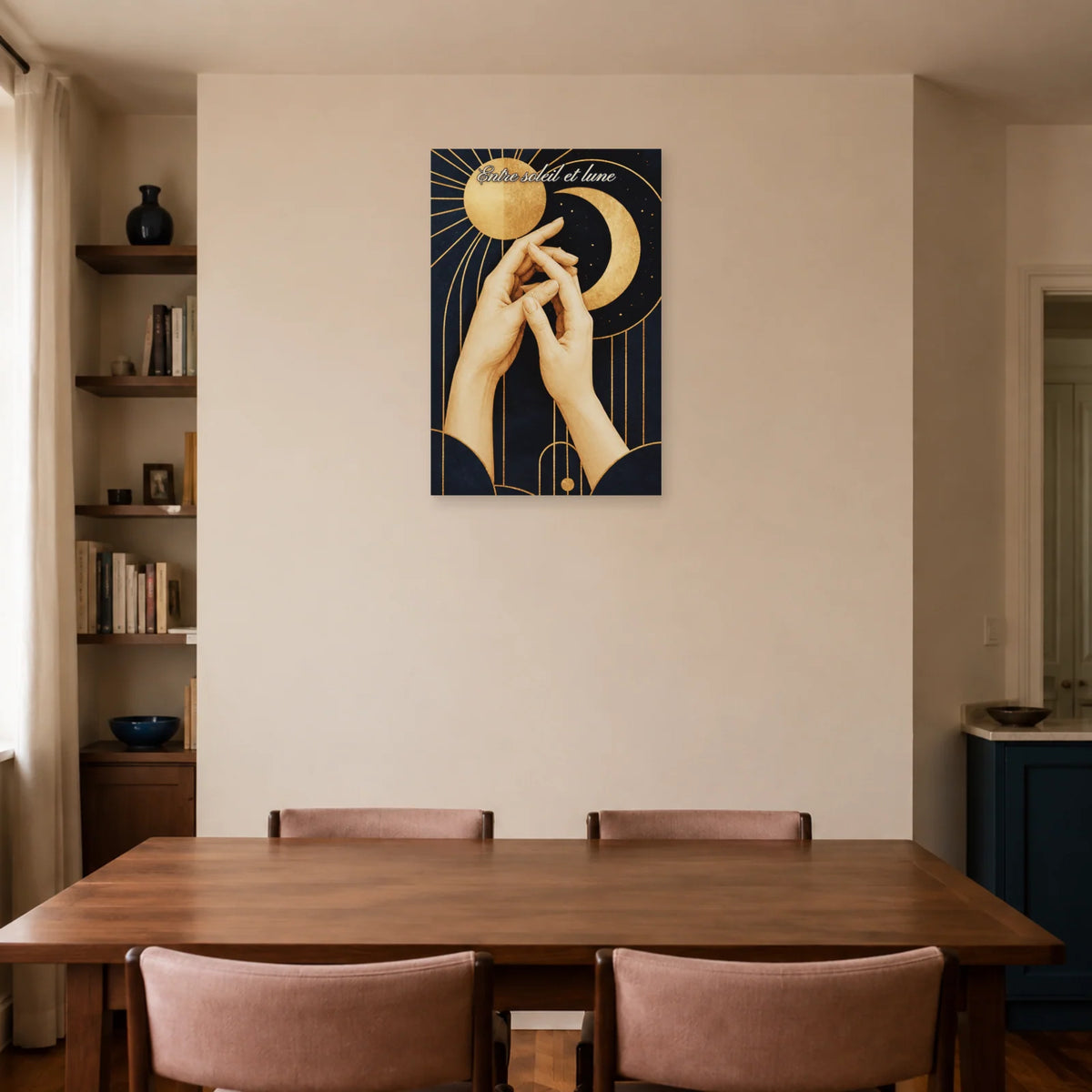 Affiche Entre soleil et lune - Mains enlacées dans une salle à manger - Art Virtuoso