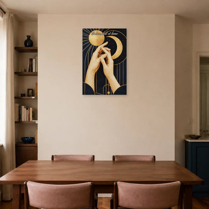 Affiche Entre soleil et lune - Mains enlacées dans une salle à manger - Art Virtuoso